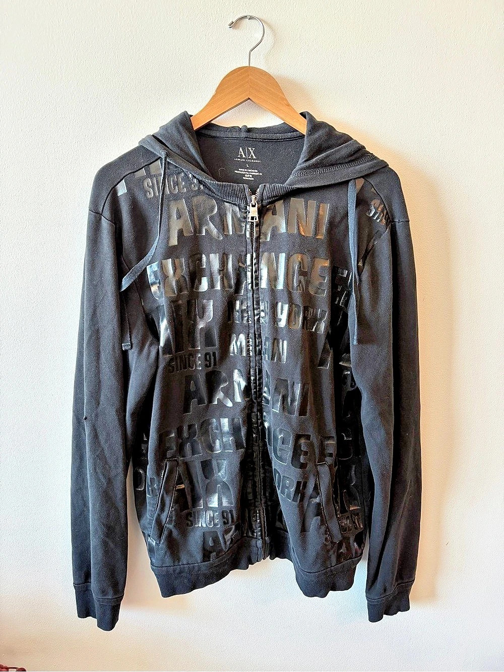 Armani Exchange Black Allover Logo Print Full-Zip Hoodie - Large